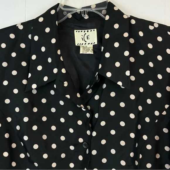Vintage Ice 100% Silk Black and White Polka Dot Lined Button Front Top Size 1X - Picture 4 of 5